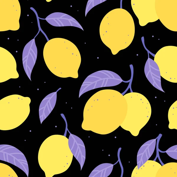 Χωρίς Ραφές Μοτίβο Λεμόνια Χειροποίητη Διανυσματική Απεικόνιση Κίτρινα Φρούτα Μαύρο — Διανυσματικό Αρχείο