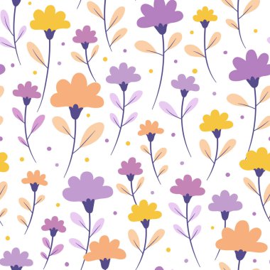 Menekşe ve sarı çiçekli kusursuz desen. Yaz vektörü arka planı. Baskı, tekstil, kumaş, ambalaj için doku.