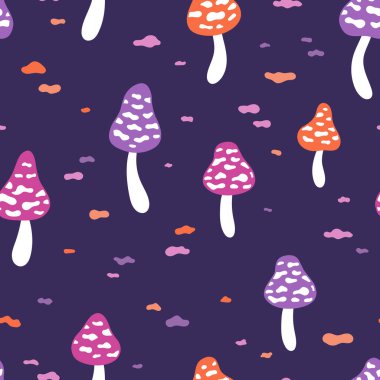 Sihirli mantarlı kusursuz desen. El çizimi vektör arka plan. Baskı, kumaş ve tekstil için doku.
