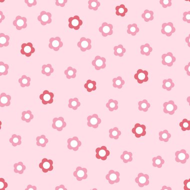 Pembe ve kırmızı çiçekli şirin, pürüzsüz desen. Vektör arkaplanı. Baskı, tekstil, kumaş, ambalaj için doku.