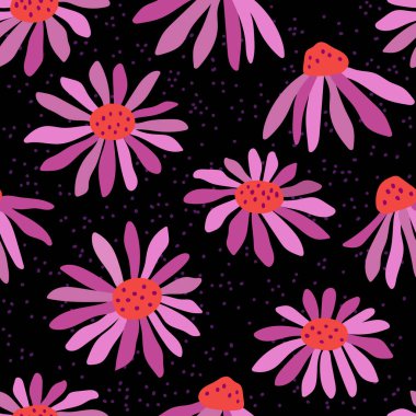 Koyu arka planda ekinezya çiçekleri olan kusursuz bir desen. El çizimi vektör çizimi. Baskı, kumaş ve tekstil için doku.