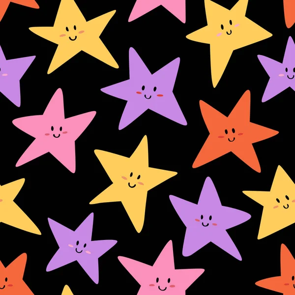 Seamless Pattern Colorful Stars Dark Background Hand Drawn Vector Illustration — Stock Vector