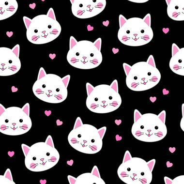 Siyah arka planda sevimli kedileri olan kusursuz bir desen. Vektör çizimi. Yazdırma, tekstil, ambalaj için doku.