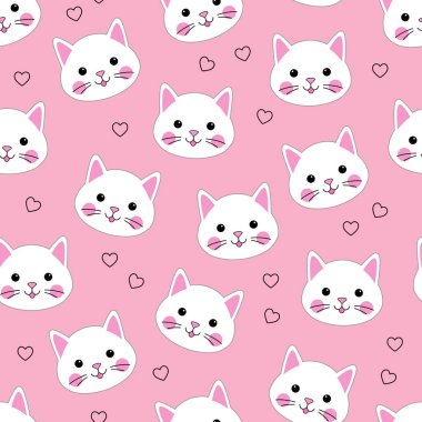 Pembe arka planda sevimli kedileri olan kusursuz bir desen. Vektör çizimi. Yazdırma, tekstil, ambalaj için doku.