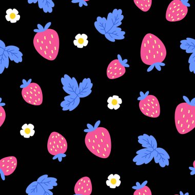 Çilekli, çiçekli ve siyah yapraklı kusursuz desen. Vektör çizimi. Parmak izi, tekstil ve kumaş için el çizimi.