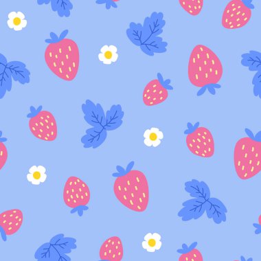 Çilekli, çiçekli ve yapraklı kusursuz desen. Vektör çizimi. Parmak izi, tekstil ve kumaş için el çizimi.