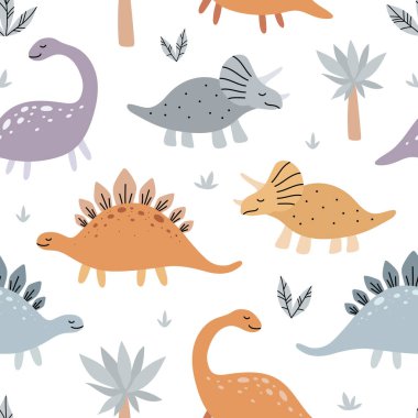 Şirin dinozorlar ve tropikal bitkiler. Komik çizgi film dino kusursuz desen. Çocuklar için el çizimi karalama tasarımı. Vektör arkaplanı.