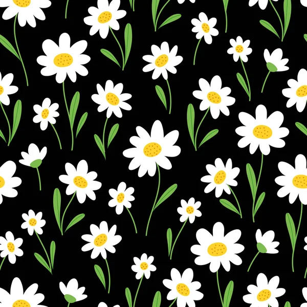 黒い背景にデイジーな花が付いているシームレスなパターン 手描きベクターイラスト かわいい テクスチャ ベクターグラフィックス
