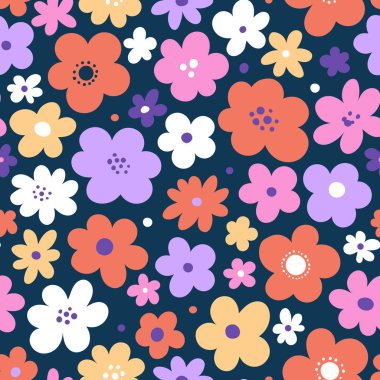 Koyu arkaplanda çiçekler olan kusursuz bir desen. Parmak izi, tekstil ve ambalaj için el yapımı doku. Çocuk odası dekoru. Vektör illüstrasyonu.