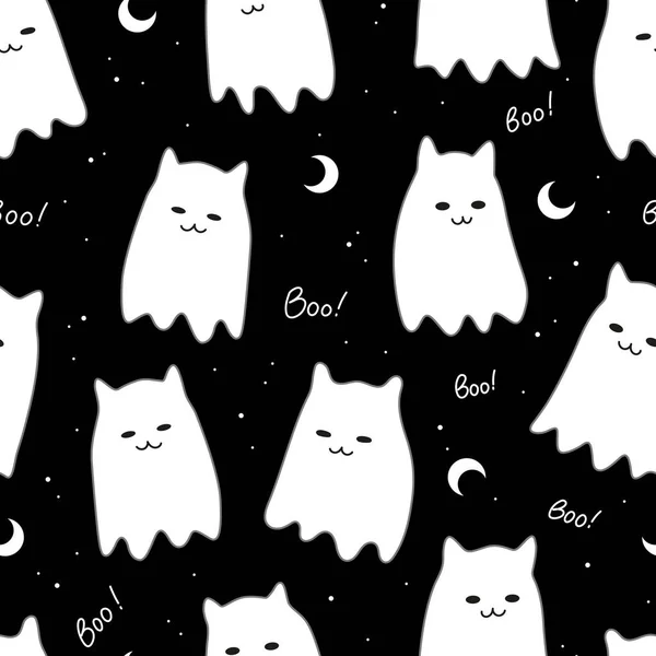 Halloween Ghost Seamless Pattern Vector Background Cute Cat Ghost — Stock Vector