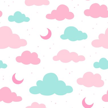 Aylı ve bulutlu kusursuz desen. El çizimi vektör çizimi. Baskı, tekstil, kumaş dokusu.