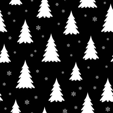 Noel ağaçlarıyla kusursuz desen. Vektör çizimi. Baskı için doku, tekstil, kumaş, ambalaj. Kış ormanı geçmişi.