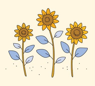 Yapraklı ve saplı üç ayçiçeği. Ayrı nesneler. Vektör illüstrasyonu.