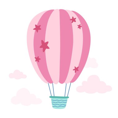 Sıcak Hava Balonu ve Bulutlar. Vektör çizimi. 