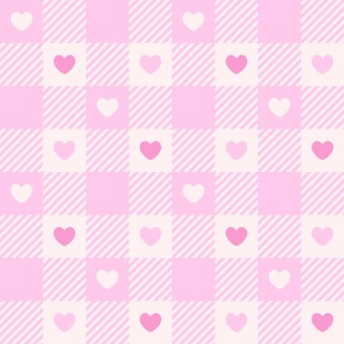 Kalp gingham ekose desenli. Sevgililer Günü tasarımı. Vektör arkaplanı. Baskı, tekstil ve kumaş için kusursuz doku.