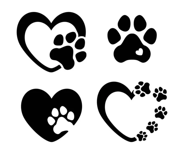 Kalp ve Paw hazır. Köpek sevgisi baskısı. Vektör çizimi. İzole edilmiş siyah nesneler beyaz arkaplan.