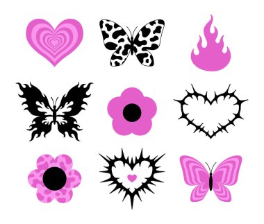 Y2k cazibe çıkartma seti. Kelebek, kalp, çiçek, ateş, alev, dövme. 2000 'lerin tarzı. Vektör ayarlandı. 90 'lar, 00' ler estetik. Pembe ve siyah.