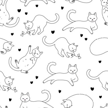 Şirin kedilerle kusursuz bir desen. Vektör çizimi. Satır sanatı