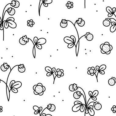 Çilekli, çiçekli ve yapraklı kusursuz desen. Vektör çizimi. Parmak izi, tekstil ve kumaş için el yapımı doku. Satır sanatı.