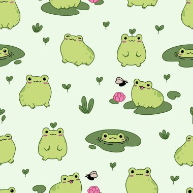 Kawaii kurbağalarında kusursuz desen. El çizimi vektör çizimi. Karikatür tarzı. Yaz arkaplanı.