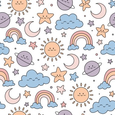 Güneş, ay, gezegenler, yıldızlar, gökkuşağı ve bulutlarla kusursuz desen. El çizimi vektör çizimi. Baskı, tekstil ve kumaş için hoş bir doku..