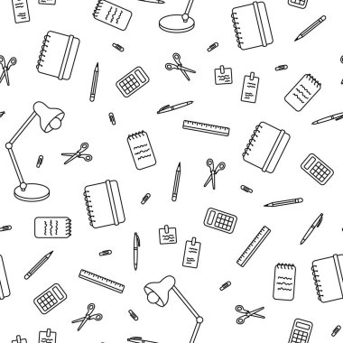 Okulun kusursuz bir düzeni var. Vektör arkaplanı. Siyah ve beyaz. Satır sanatı.