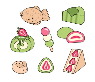 Geleneksel Japon tatlıları seti. Güzel Asya yemekleri. Vektör çizimleri. Beyaz arkaplanda izole nesneler.