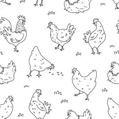 Tavuk pürüzsüz desen. Çizgi filmdeki tavuk arkaplanı güzelmiş. El çizimi vektör çizimi. Baskı için doku, tekstil, kumaş. Siyah ve beyaz. Satır sanatı.
