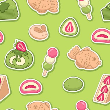 Geleneksel Japon tatlılarıyla kusursuz desen. Güzel Asya yemekleri. Vektör arkaplanı.