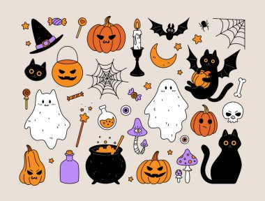 Güzel Cadılar Bayramı seti. Cadılar Bayramı partisi için sihirli eşyalar. Düz vektör illüstrasyonu.