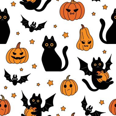 Cadılar Bayramı kusursuz. Kediler, yarasalar ve balkabakları. Vektör arkaplanı. Mutlu Cadılar Bayramı.