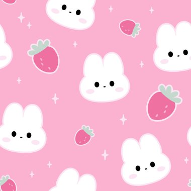 Kawaii tavşanı ve çilekli kusursuz desen. El çizimi vektör çizimi. Baskı, tekstil ve kumaş için hoş bir doku..