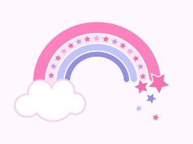 Yıldızlı şirin gökkuşağı. Vektör düz resimleme.