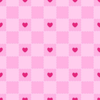 Eşkenar dörtgen ve kalpleri olan hoş, pürüzsüz bir desen. Pembe vektör arka planı. Baskı, tekstil, kumaş dokusu.