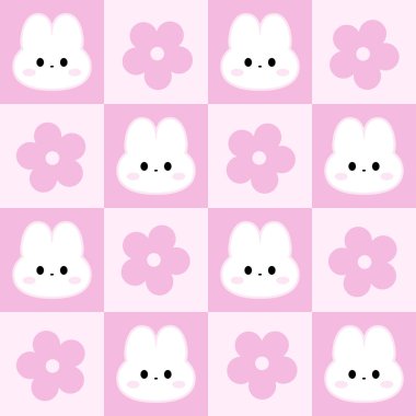 Tavşan ve çiçeklerle güzel, pürüzsüz bir desen. Araştırılmış pembe arka plan. Baskı, tekstil ve kumaş için vektör dokusu.