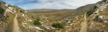 İçinden toprak bir yol geçen panoramik bir çöl manzarası. Yol kayalarla çevrili ve bölgede hiç ağaç yok. Gökyüzü bulutlu ve görüntünün genel havası ıssız.