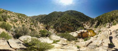 İçinden küçük bir akarsu akan bir çölün panoramik görüntüsü. Gökyüzü açık ve güneş parlıyor.
