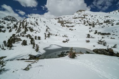 Pacific Crest Patikası. Ortasında göl olan karla kaplı bir dağ. Göl ağaçlarla çevrili ve gökyüzü mavi.