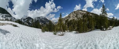 Pacific Crest Patikası. Berrak mavi gökyüzü ile kaplı bir dağ sırası.