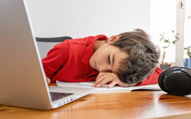 Küçük okul çocuğu internetten öğrenme konusunda stresli. Çocuk evde online sınıf, e-öğrenme ya da evde eğitim konsepti öğreniyor.