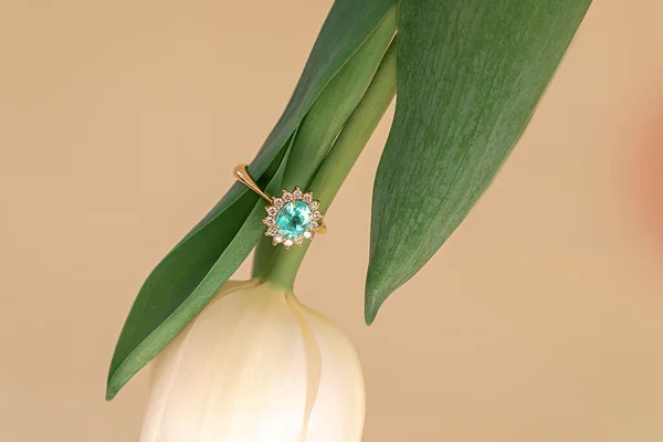 Jewelry, rings and earrings with precious stones. Spring concept. Rings and earrings on spring tulips.