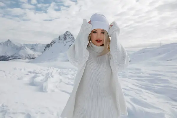 Beautiful Blonde Girl Mountains Swiss Alps Winter Sunny Day Lot Stock Photo