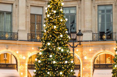 Paris, Fransa 'da süslemeleri ve ışıkları olan Noel ağacı.