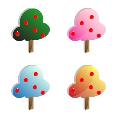 Beyaz arkaplanda şirin ağaç ve kırmızı meyveli nesnenin üç boyutlu dört rengi, vektör çizer