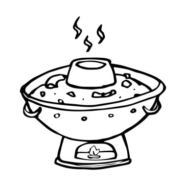 Siyah ve beyaz Tom yum kung veya Tayland baharatlı çorba karides ve kap nesne, vektör doodle zaom yum kung