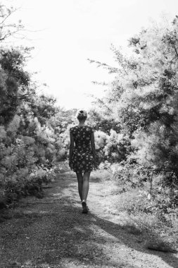 Kısa turuncu elbiseli kız terk edilmiş yolda Skumpia (Cotinus coggygria Scop) ile yürüyor. Ya da pembe tüylü peruk ağacı. Şehrin dışında yetişen derimsi ağaçsı bitkiler. Siyah beyaz fotoğraf