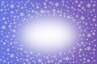 Winter nature snowfall background with central copy space. blue snow blurred abstract snowflake texture Abstract white powder snow cloud border on dark surface. Design of picture frame for websites