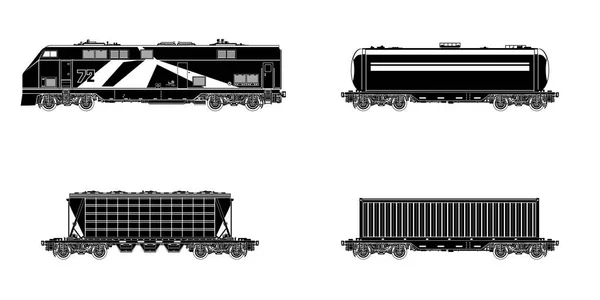 Railway Freight Wagons Black Locomotive Silhouette Wagons White Background Car — Vector de stock
