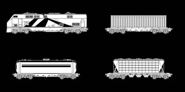 Eisenbahngüterwagen Weiße Lok Silhouette Mit Waggons Auf Schwarzem Hintergrund Auto — Stockvektor