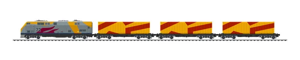 Goederenwagens Spoor Locomotief Met Vrachtcontainer Perron Banner Voor Spoor Containervervoer — Stockvector